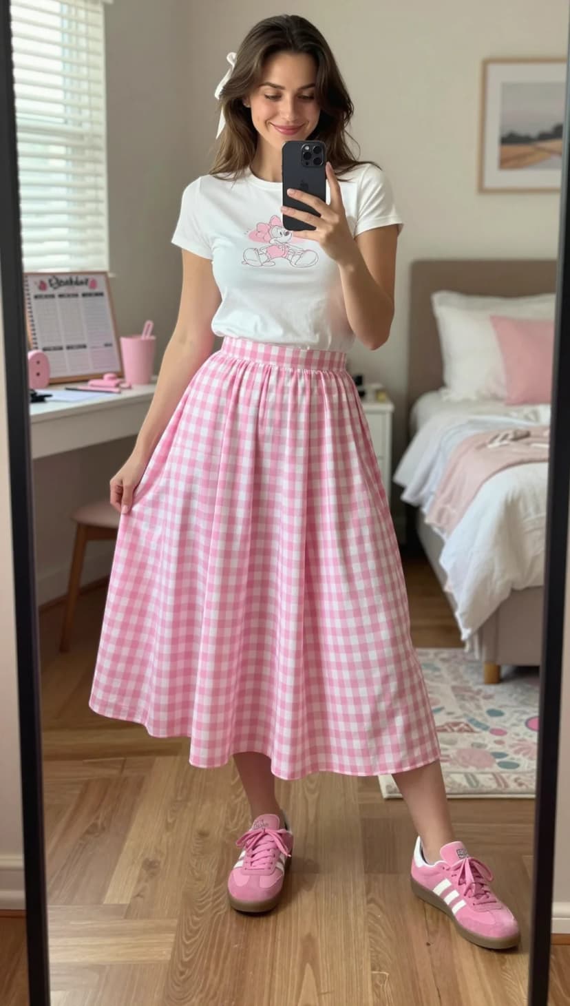 White Graphic Tee + Pink Gingham Midi Skirt + Pink Sneakers