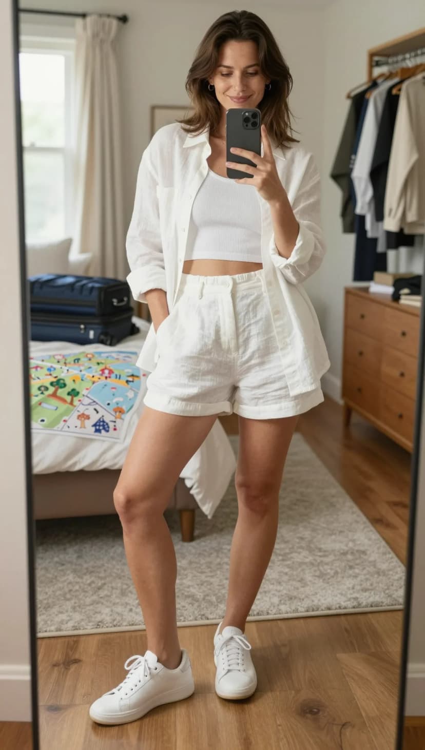 White Linen Crop Top + White Linen Shorts + White Linen Button-Up Shirt + White Leather Sneakers