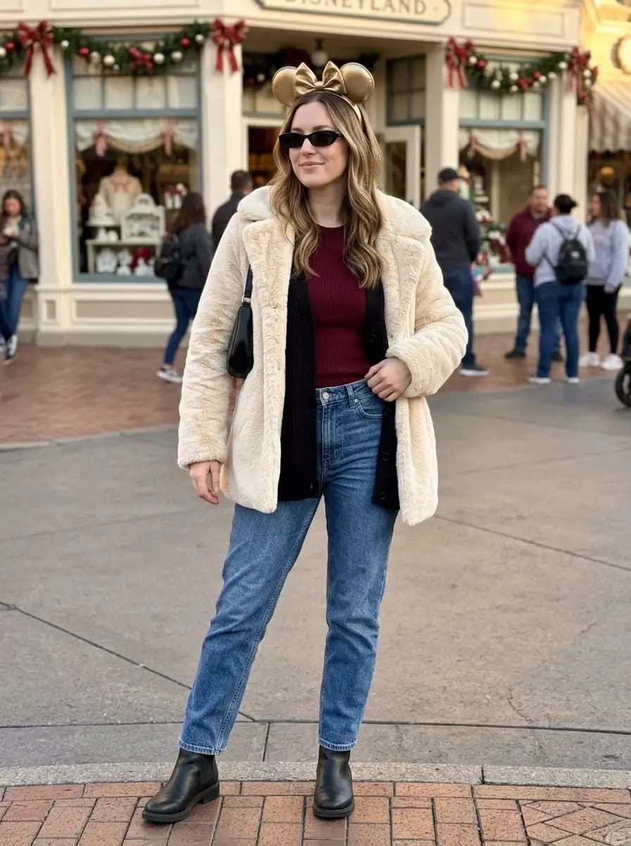 Burgundy ribbed-knit top with blue denim jeans and cream faux-fur coat