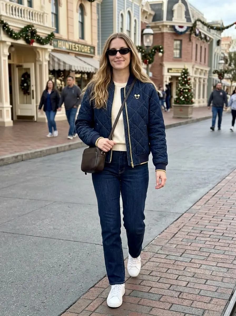 White tee with dark blue denim jeans and navy blue quilted bomber jacket