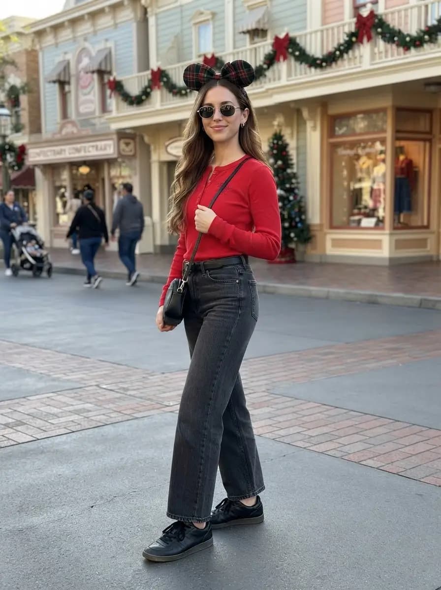 Red long sleeve button-up top with grey flare denim jeans