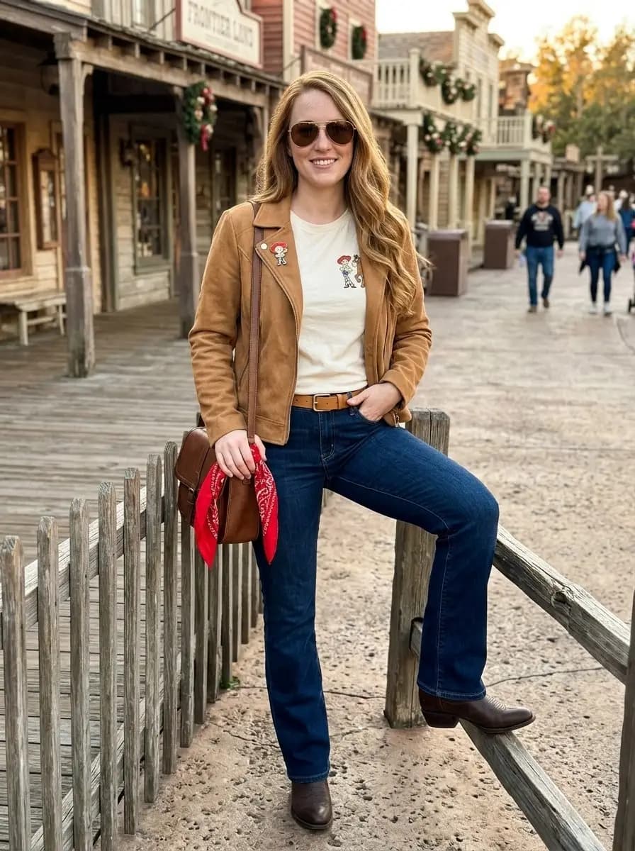 White Disney graphic tee with blue jeans and brown suede jacket