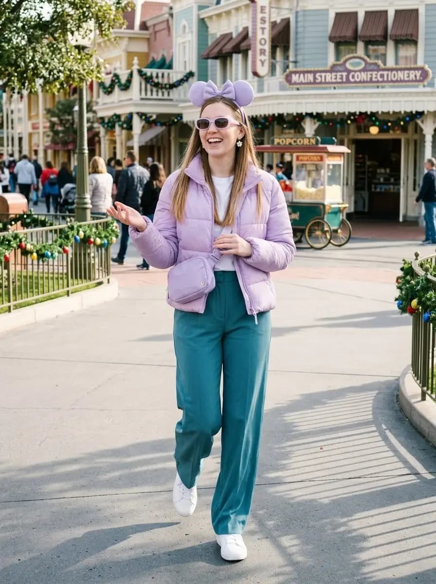 White tee with teal wide-leg pants and lavender puffer jacket