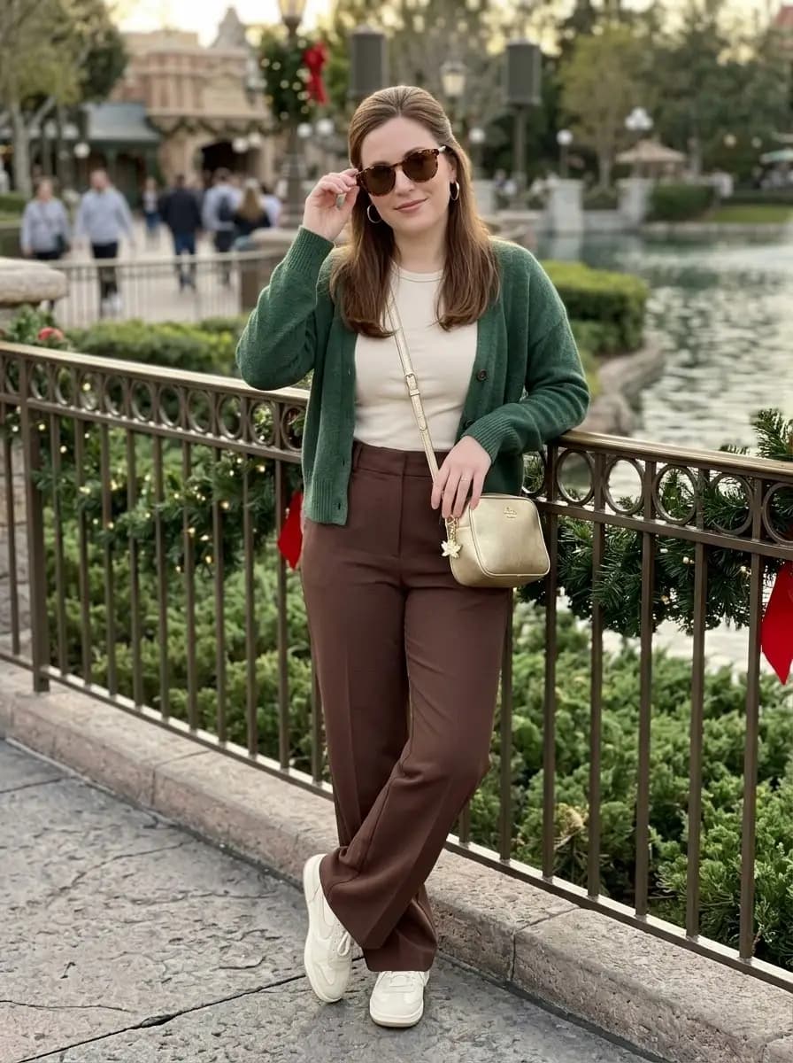 Cream crew-neck t-shirt with chocolate brown trousers and deep green cardigan