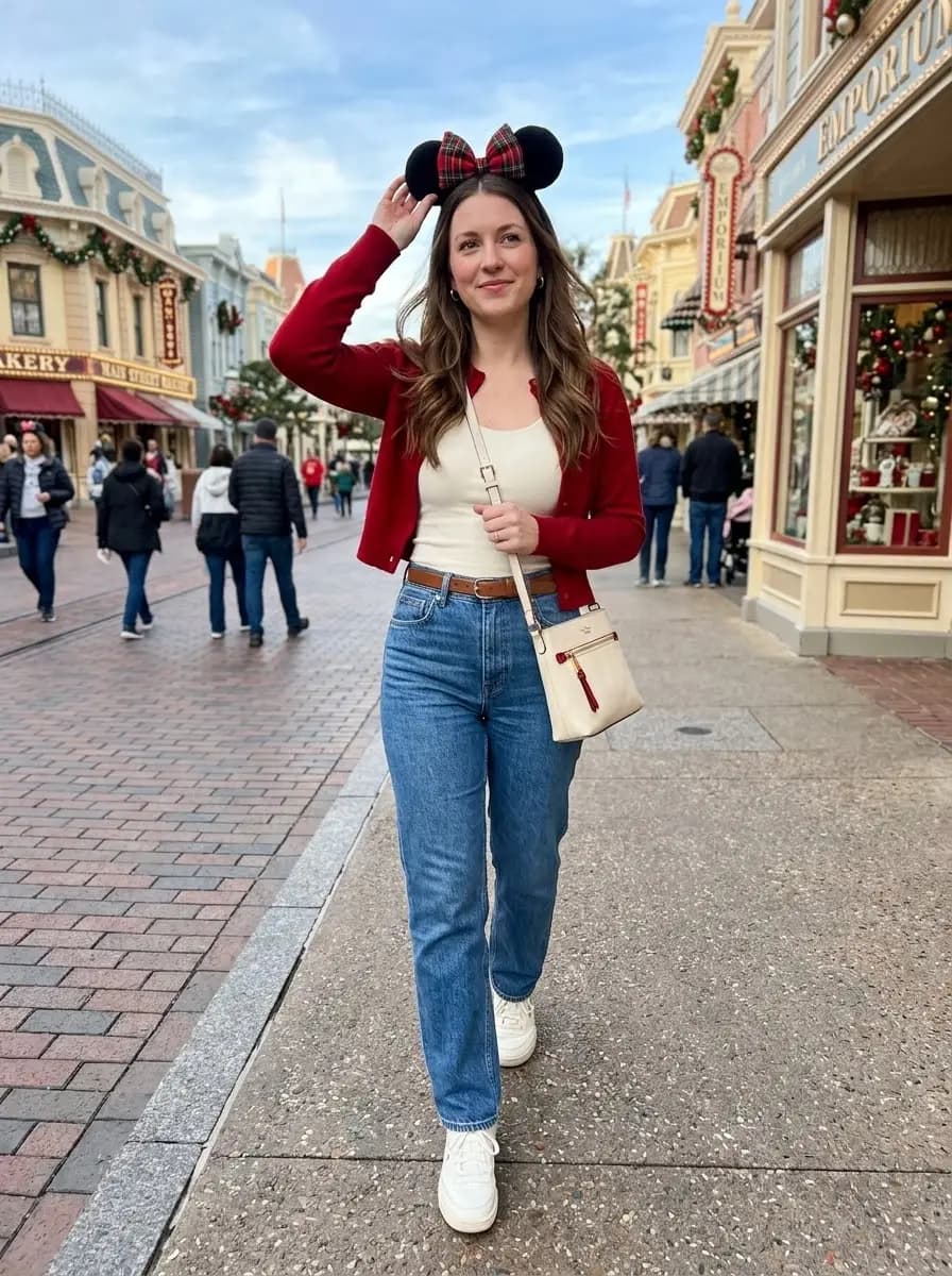 Cream tank top with blue denim jeans and bright red knit cardigan