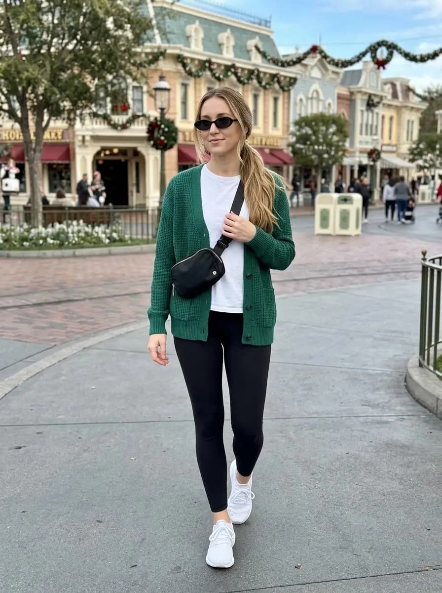 White tee and black leggings with deep green waffle-knit cardigan
