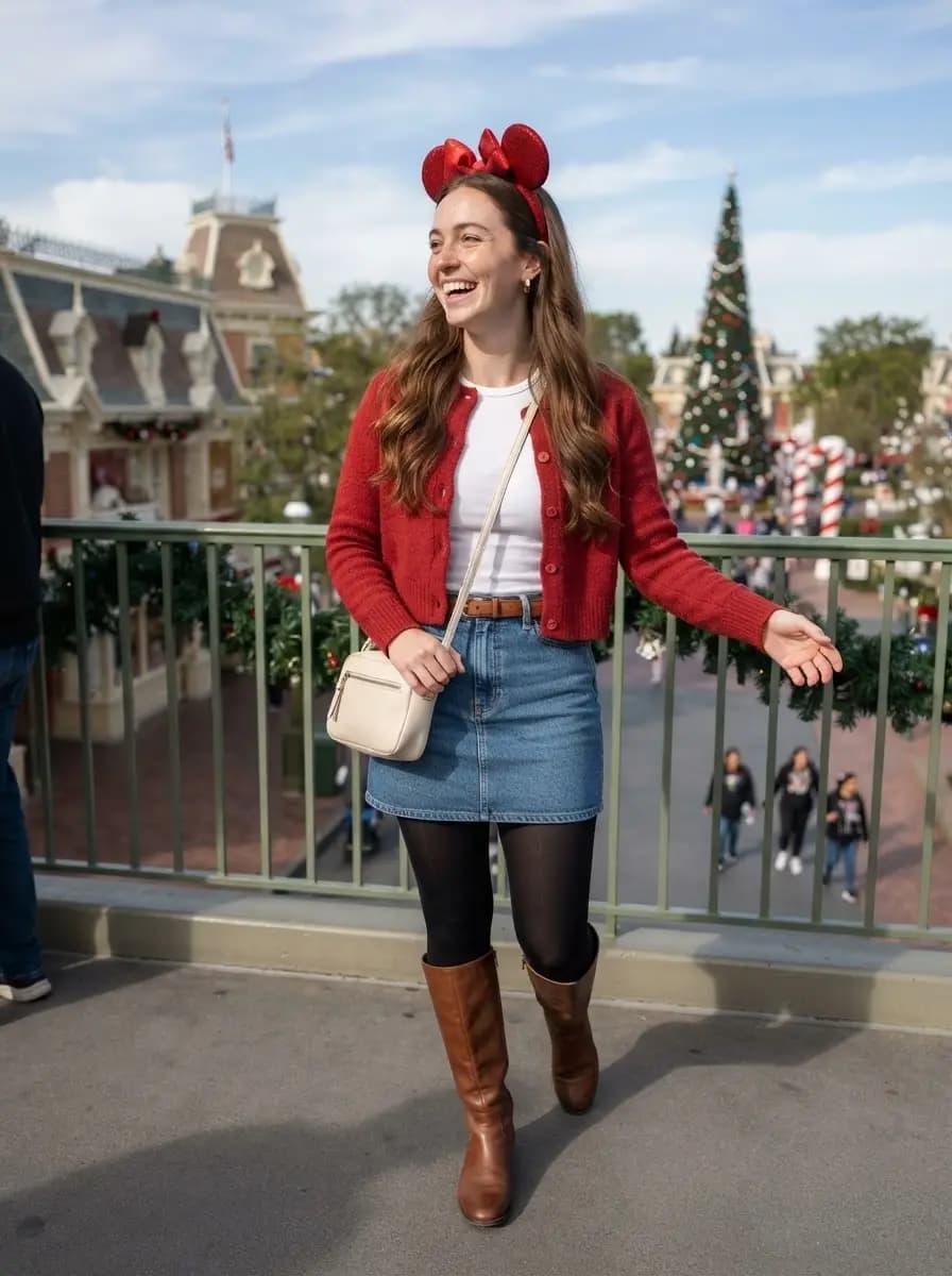 White crew-neck t-shirt with blue denim mini skirt and red knit cardigan