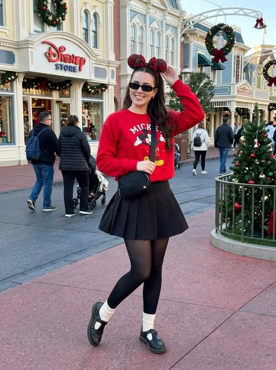 Red Mickey Mouse graphic sweatshirt with black pleated mini skirt and tights