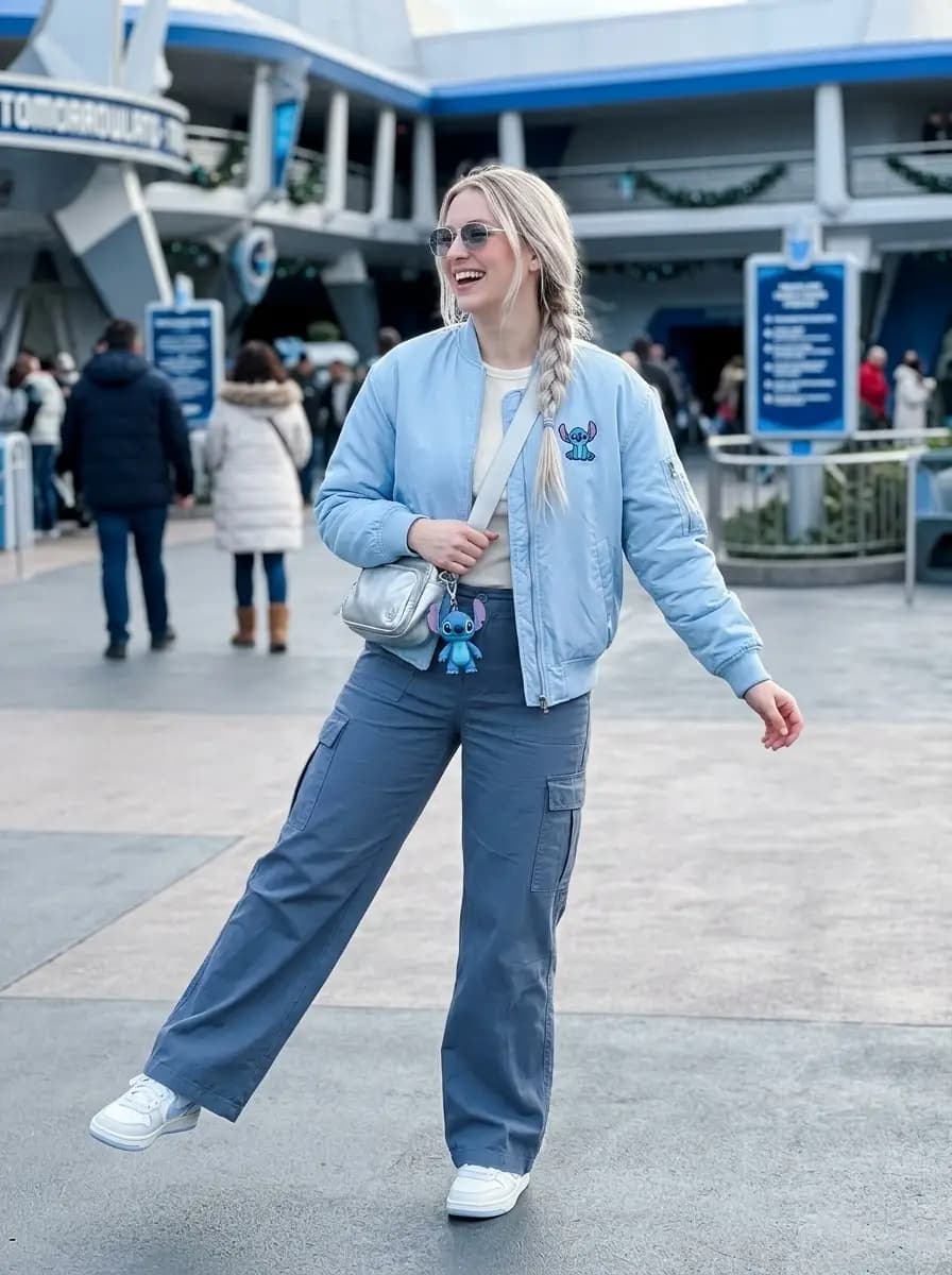 White tee with light blue bomber jacket and slate blue cargo pants