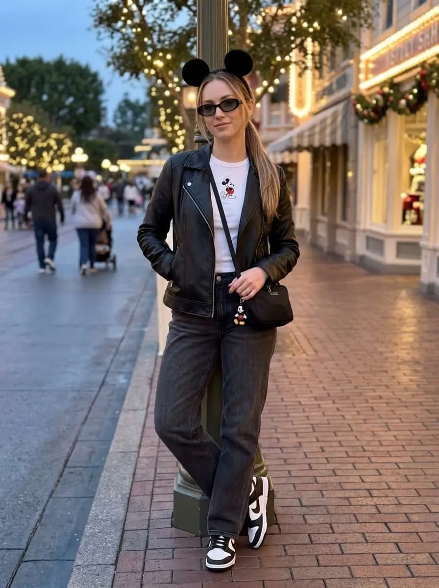 White Mickey graphic tee with black faux-leather moto jacket and grey jeans