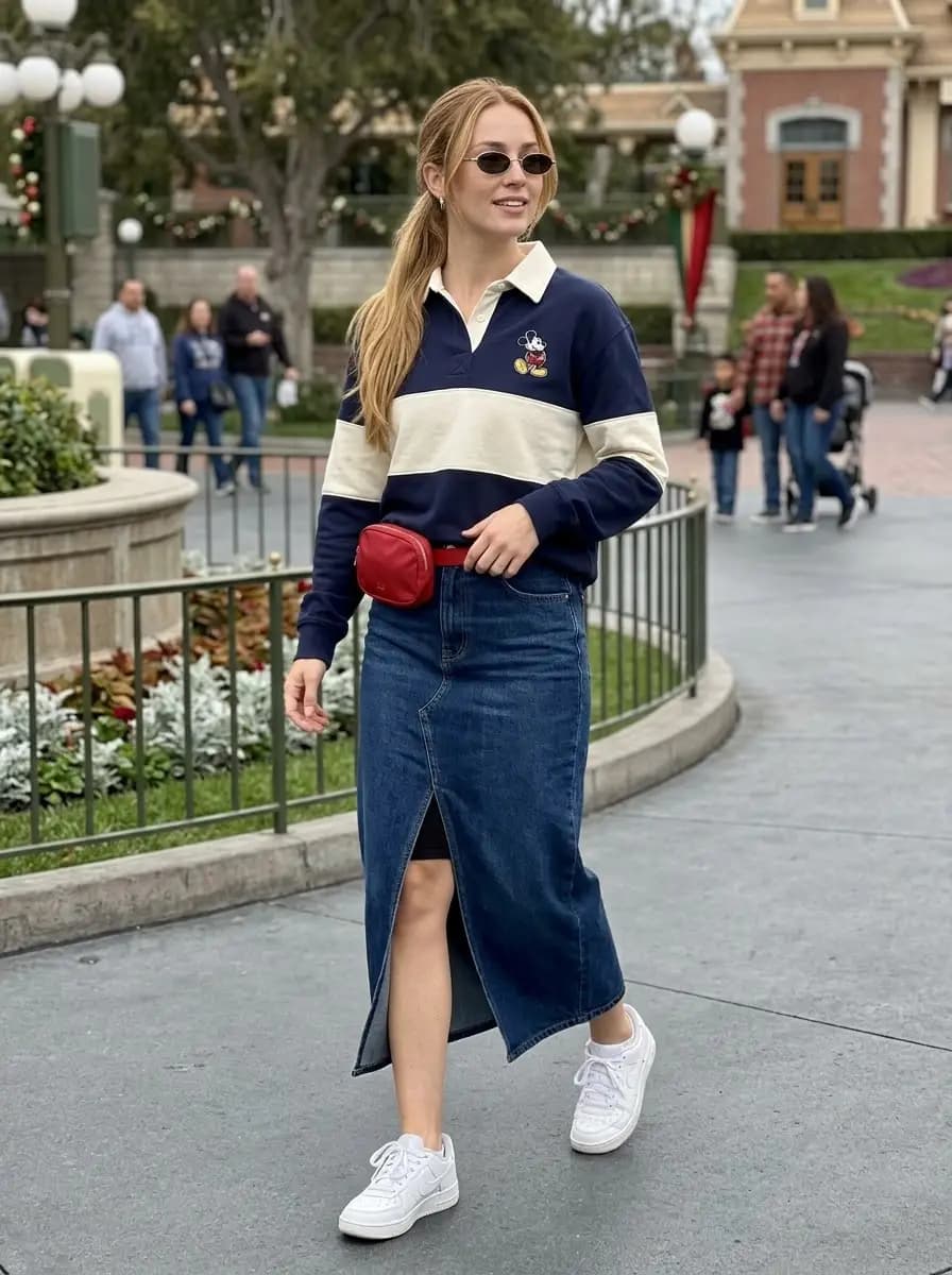Navy and white striped rugby shirt with blue denim midi skirt and white sneakers