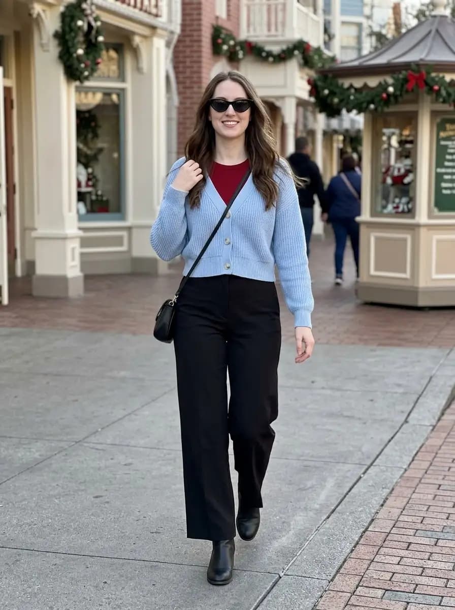 Red crew-neck t-shirt with black wide-leg pants and light blue cardigan