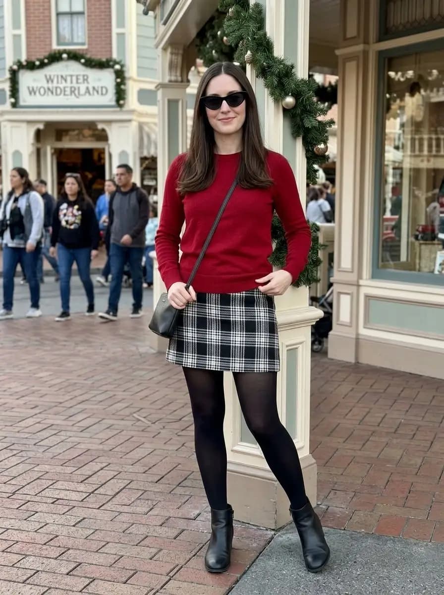 Red long sleeve crew-neck top with black and white plaid mini skirt and tights