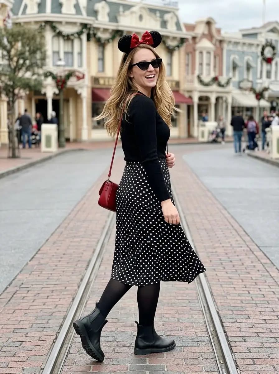 Black knit sweater with black and white polka-dot midi skirt and Chelsea boots