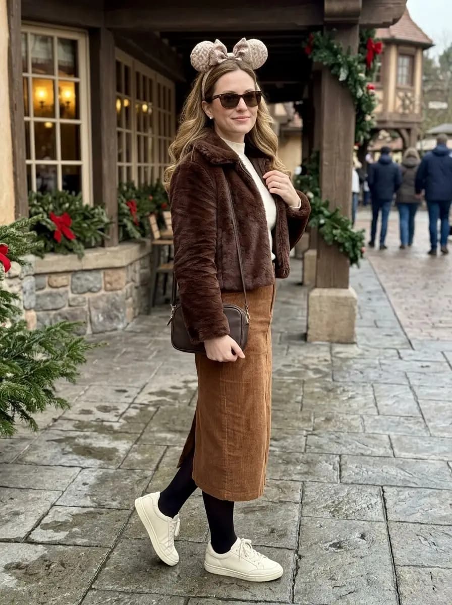 White turtleneck sweater with brown corduroy midi skirt and brown faux-fur jacket