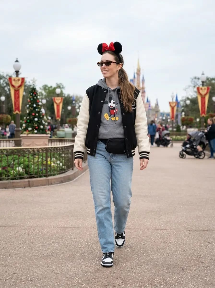 Grey Mickey Mouse graphic hoodie with black varsity jacket and blue jeans