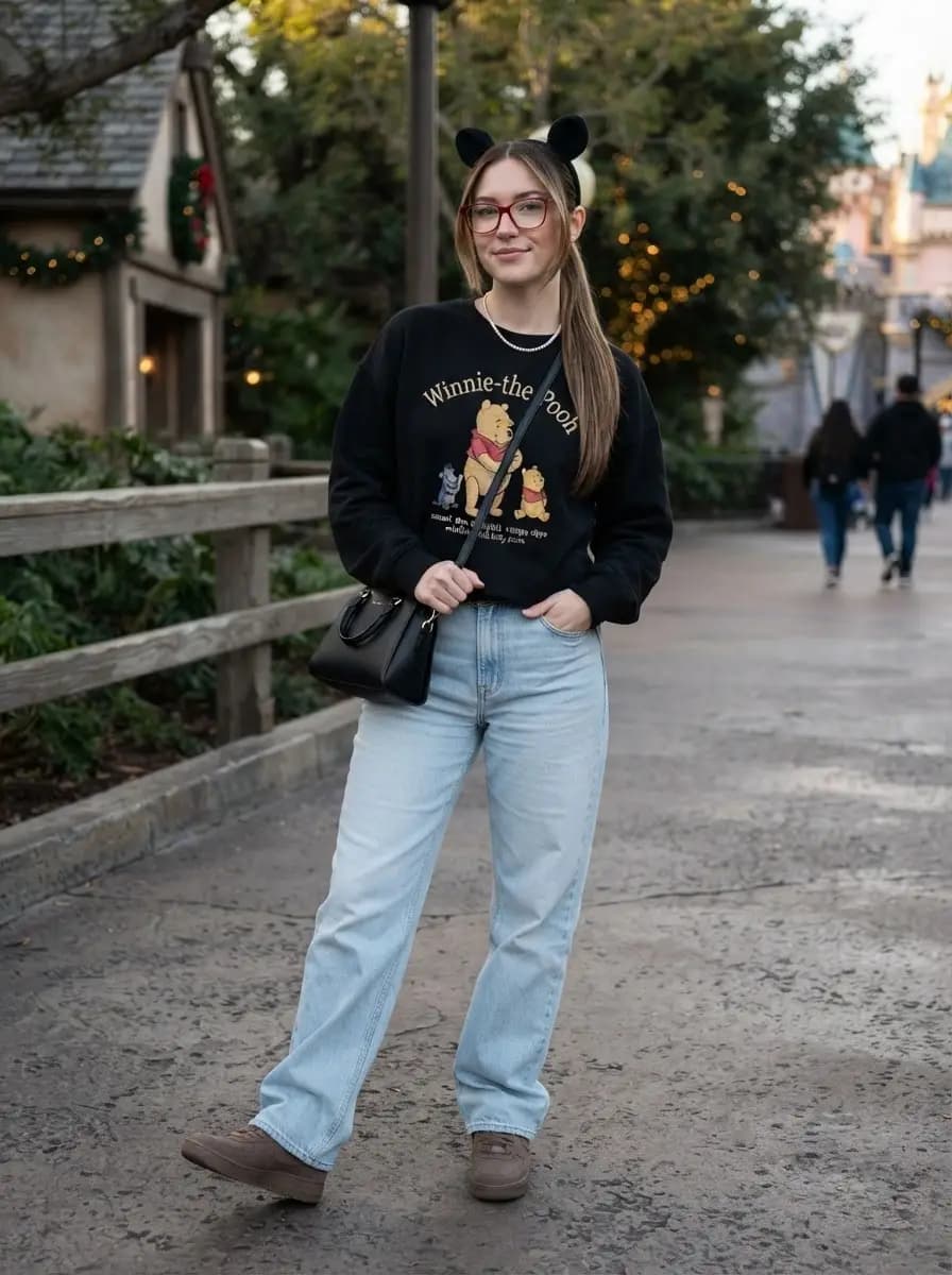Black Winnie the Pooh graphic sweatshirt with wide-leg blue denim jeans