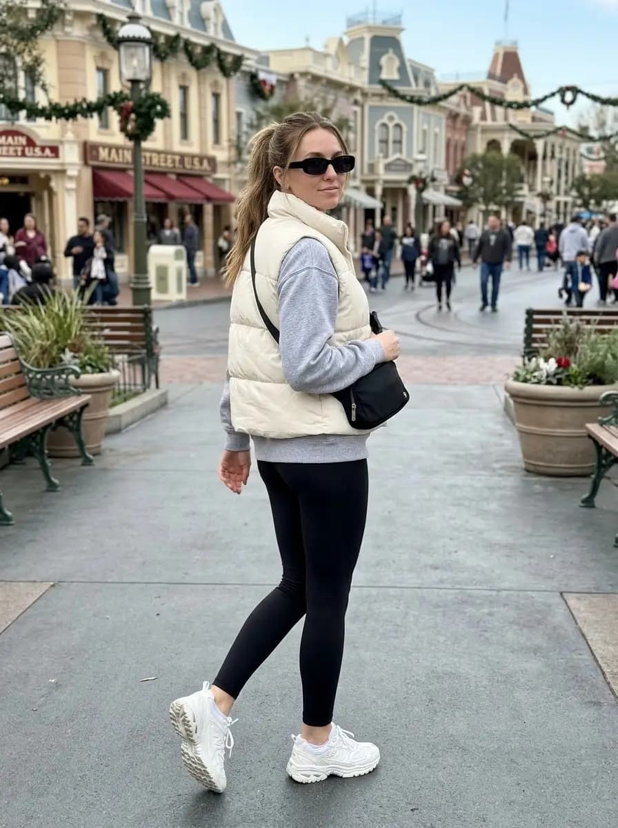 Grey crew-neck sweatshirt with black leggings and cream puffer vest