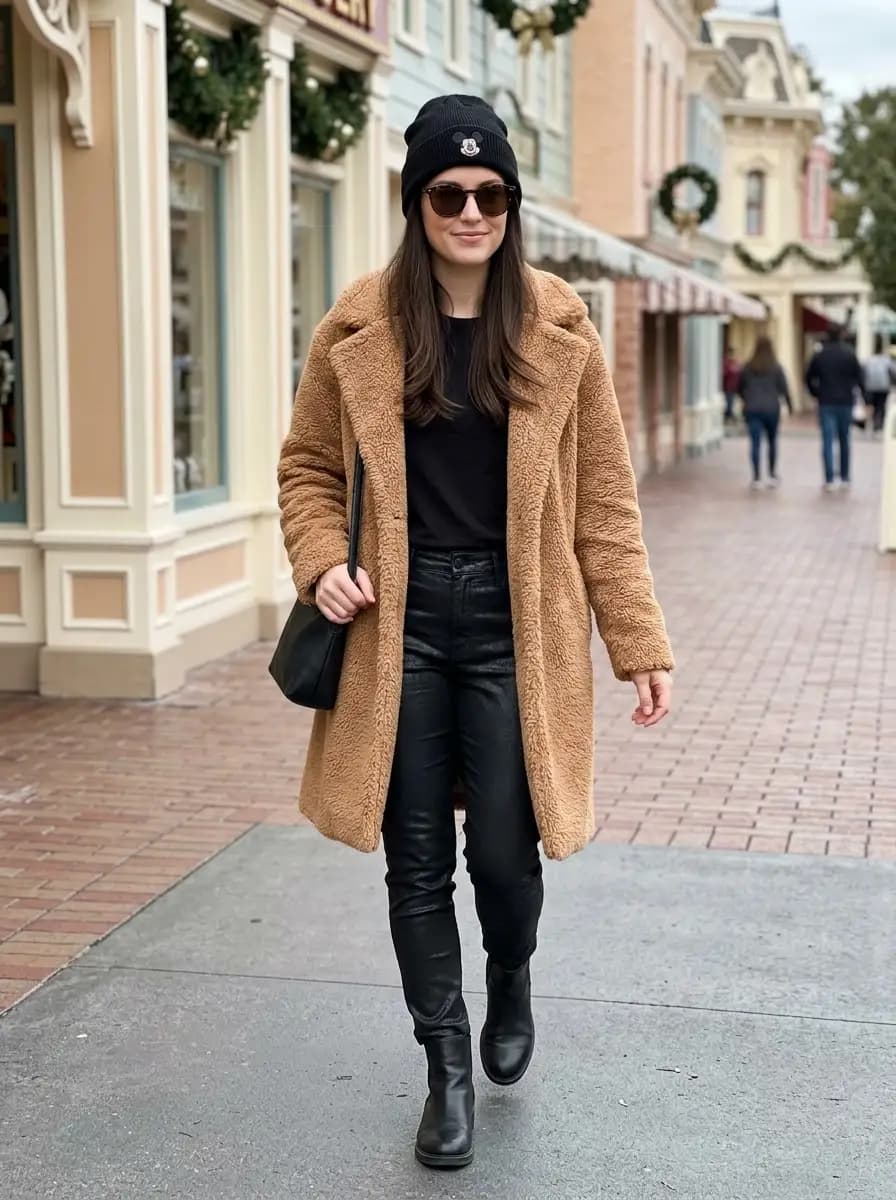 Black tee and faux-leather pants with oversized brown teddy coat and beanie
