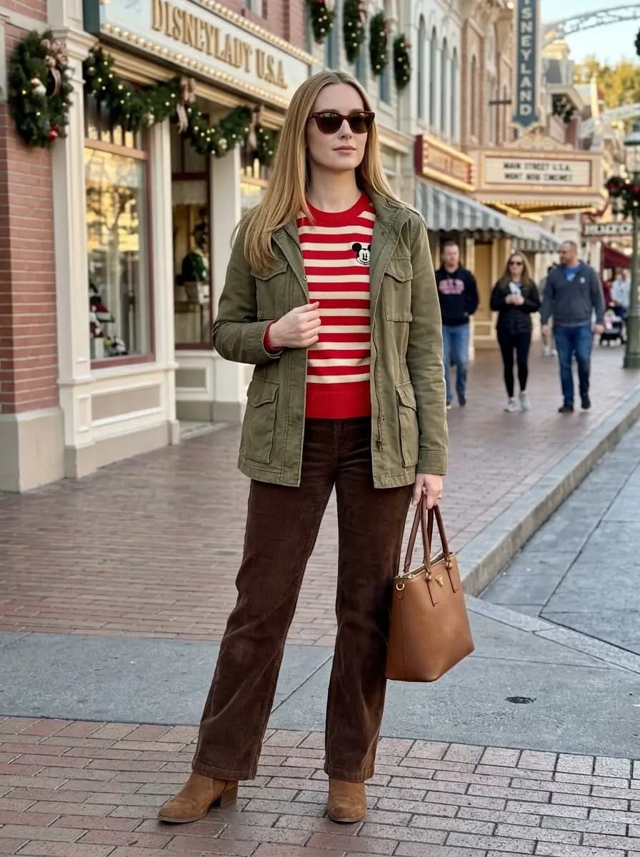 Red striped Mickey sweater with olive utility jacket and brown corduroy pants