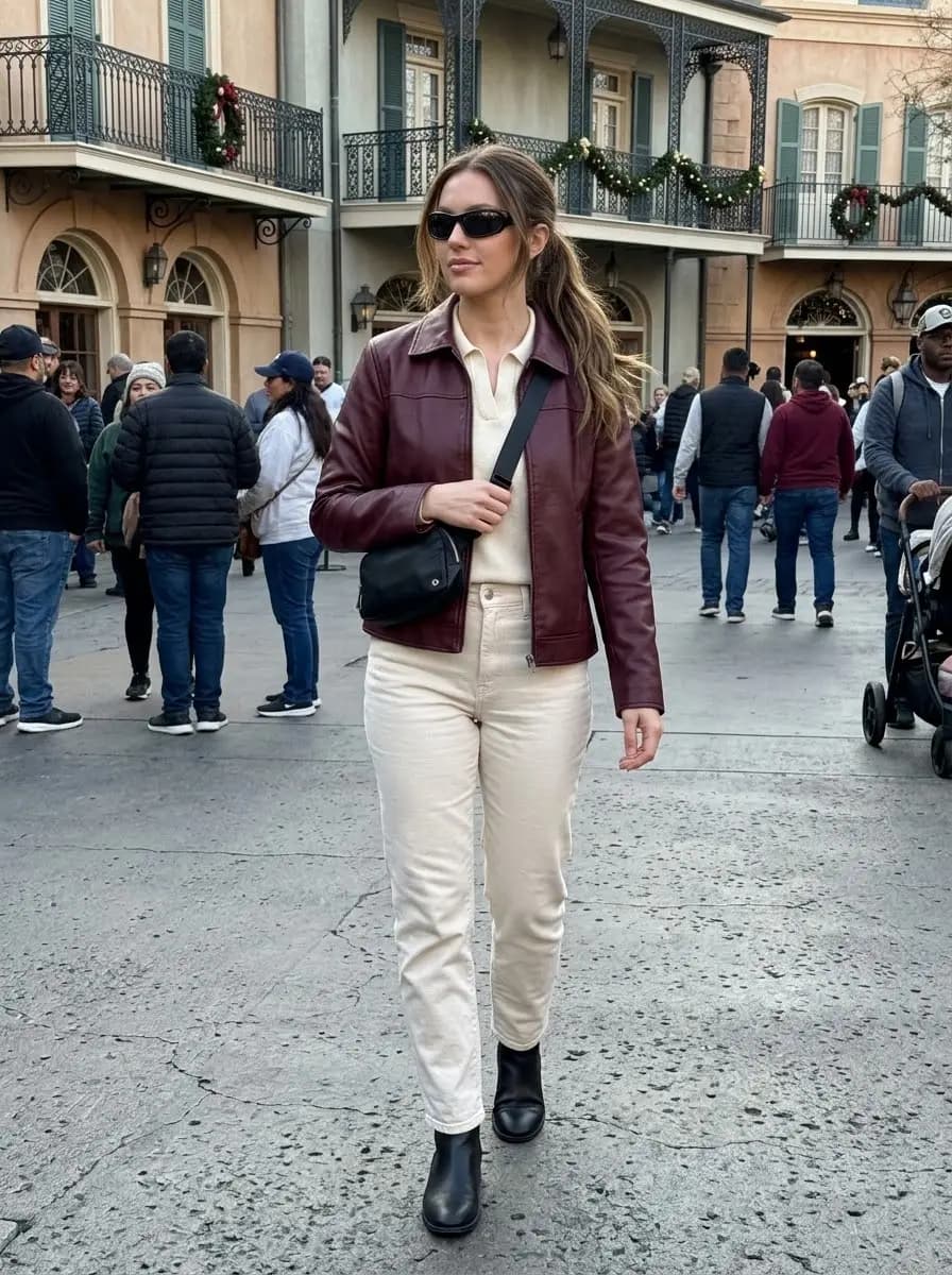 Cream polo shirt and cream chinos with burgundy faux-leather jacket