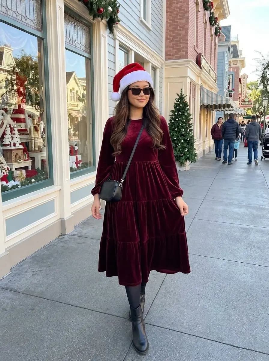 Burgundy tiered velvet long sleeve dress with Santa hat and black boots