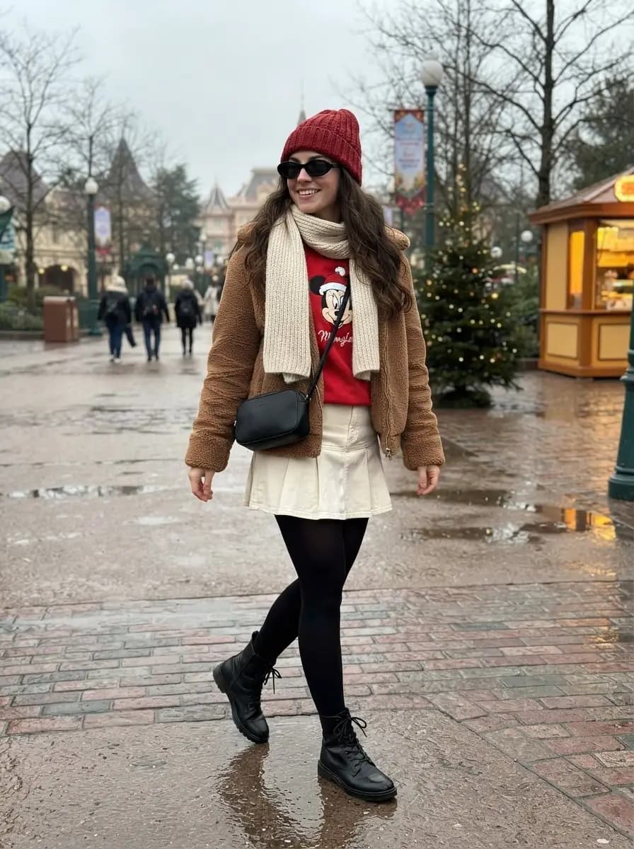 Red Mickey graphic sweatshirt with cream pleated skirt and brown teddy coat