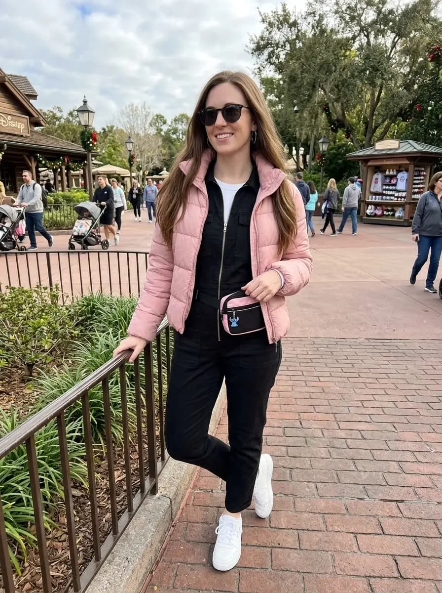 White crew-neck t-shirt with black jumpsuit and pink puffer jacket