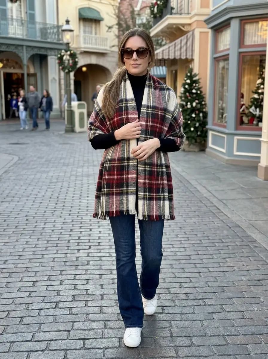 Black turtleneck sweater with dark wash denim jeans and oversized plaid blanket scarf
