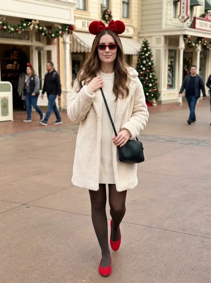 Cream knit sweater dress with cream teddy coat and red flats