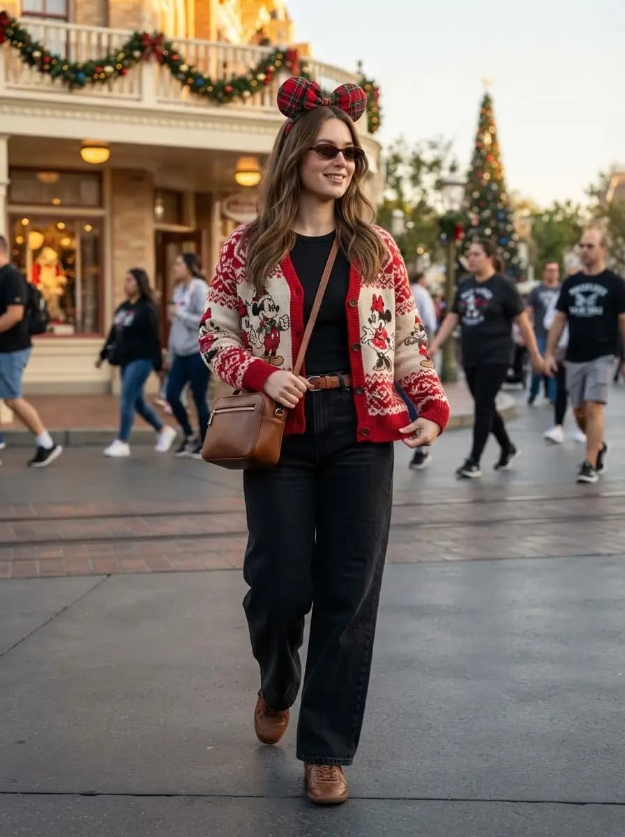 Black tee and black jeans styled with a red and white Fair Isle cardigan