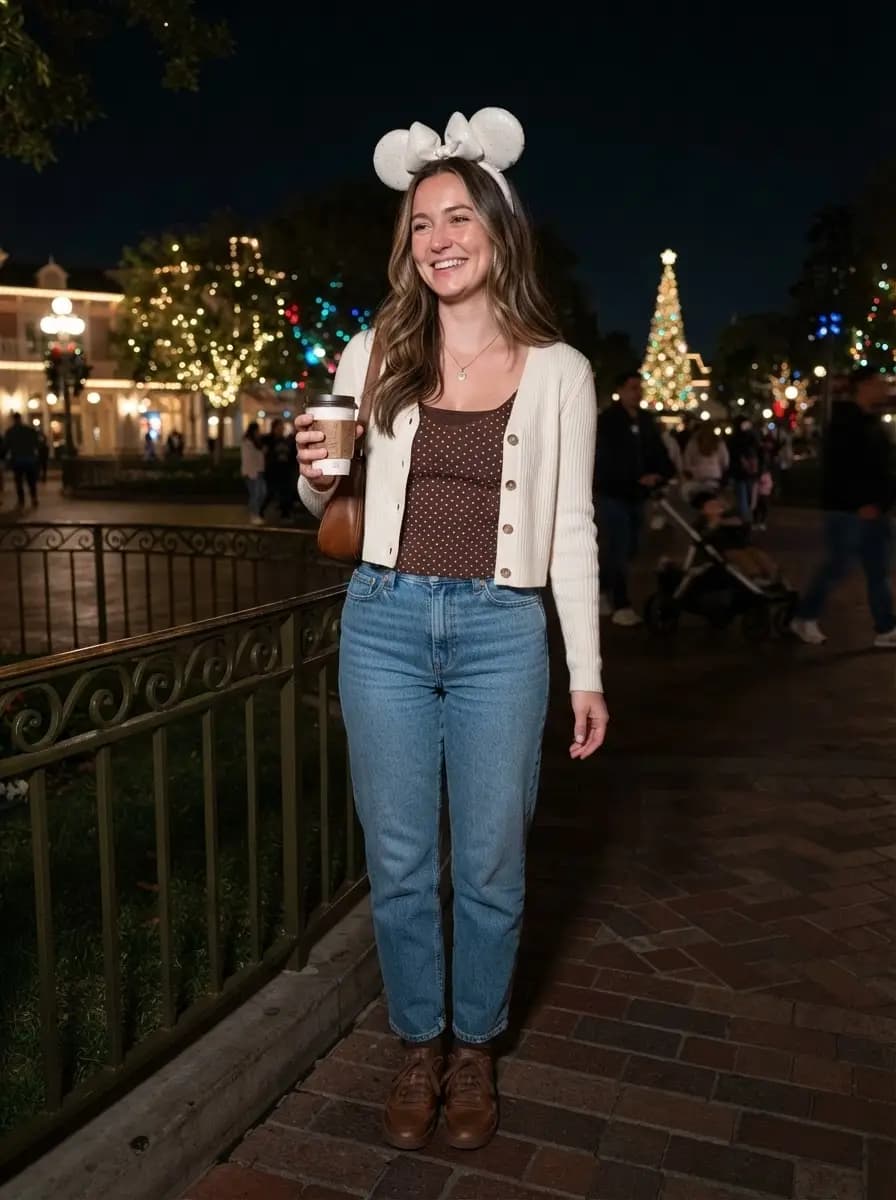 Brown polka-dot crop top with cream cardigan and blue denim jeans