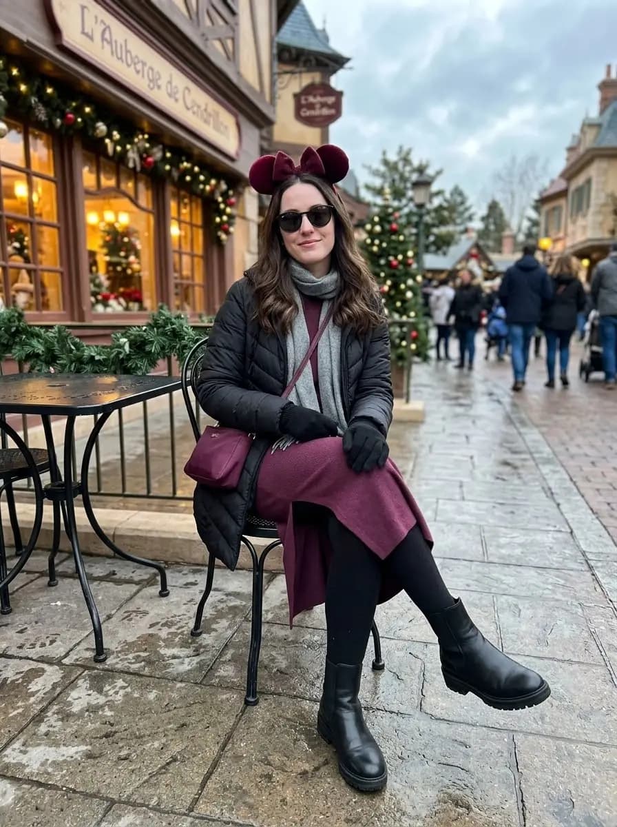 Burgundy knit dress with black puffer jacket and grey scarf