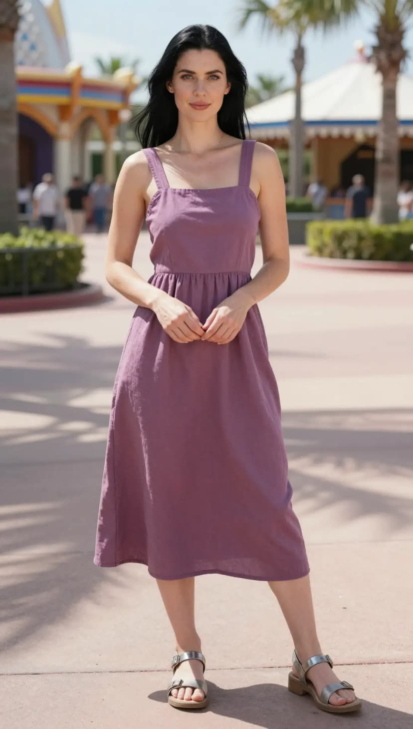 Mauve Linen Square Neck Midi Dress + Silver Flat Sandals