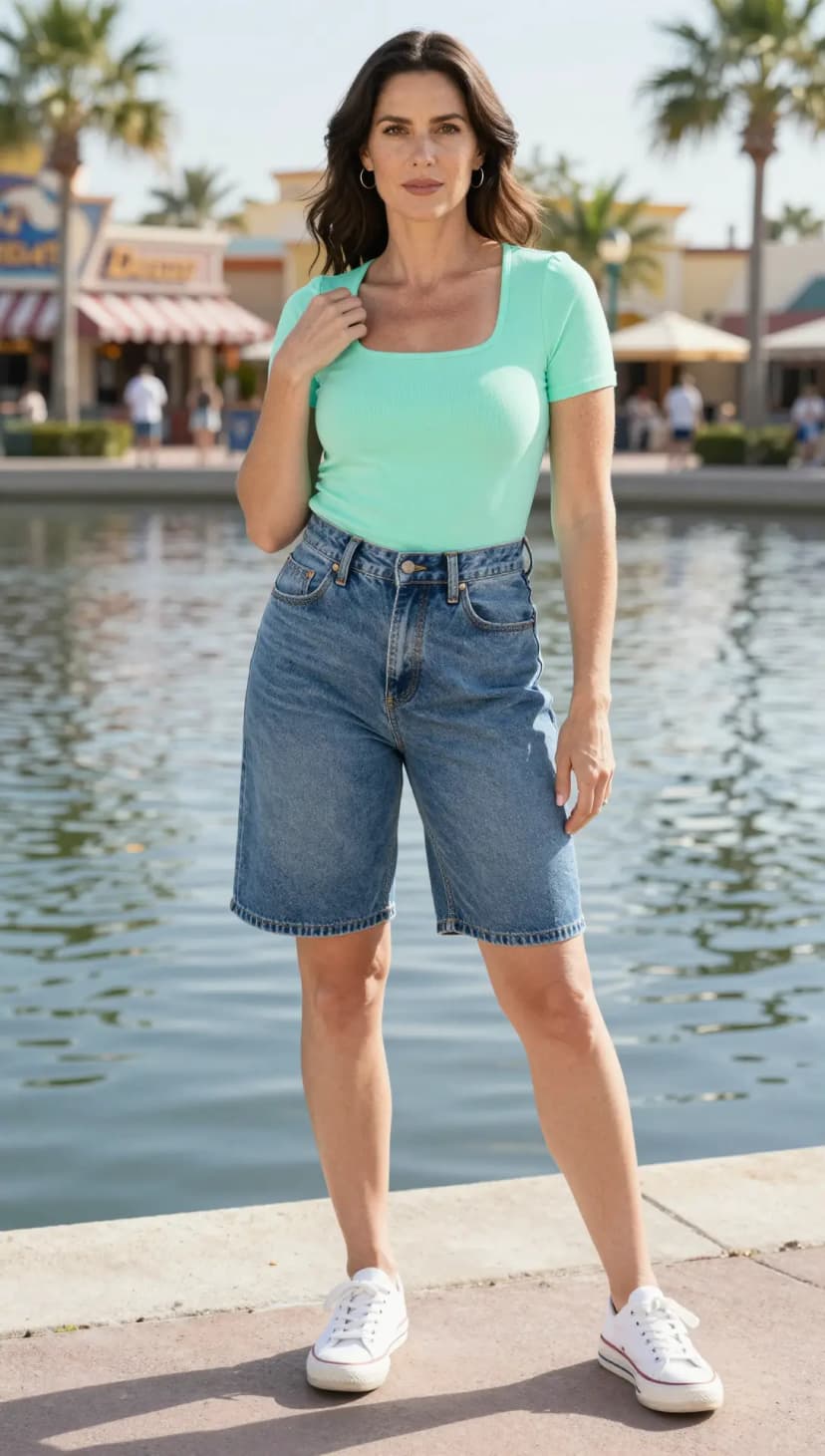 Mint Ribbed Square Neck Top + Medium Wash Denim Bermuda Shorts + White Canvas Sneakers