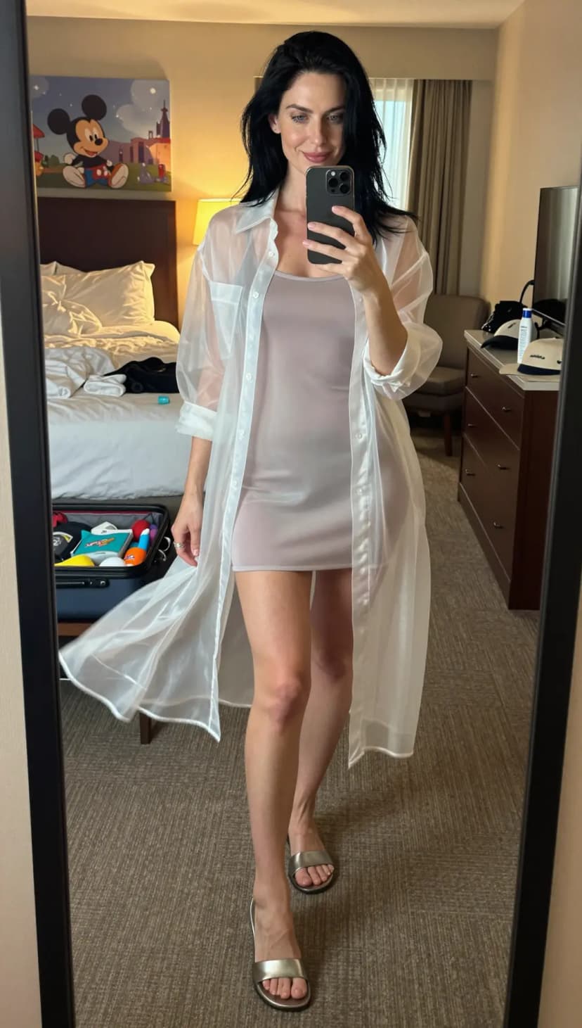 Sheer White Organza Oversized Shirt + Nude Slip Dress + Silver Slide Sandals