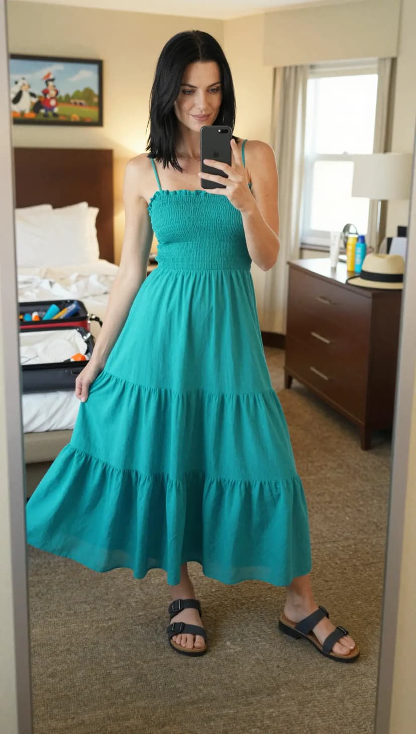 Teal Smocked Maxi Dress + Navy Double Strap Sandals