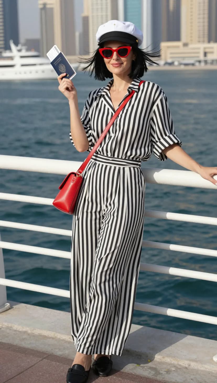 Black and White Striped Viscose Jumpsuit + White Cotton Cap + Black Leather Loafers