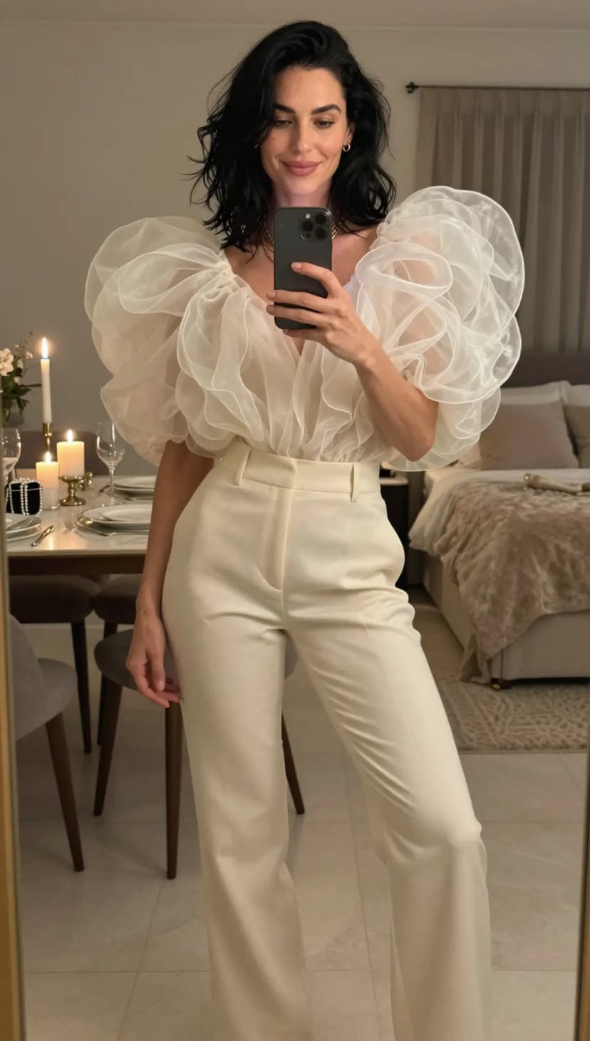 Cream Organza Puff Sleeve Top + Cream Tailored Trousers