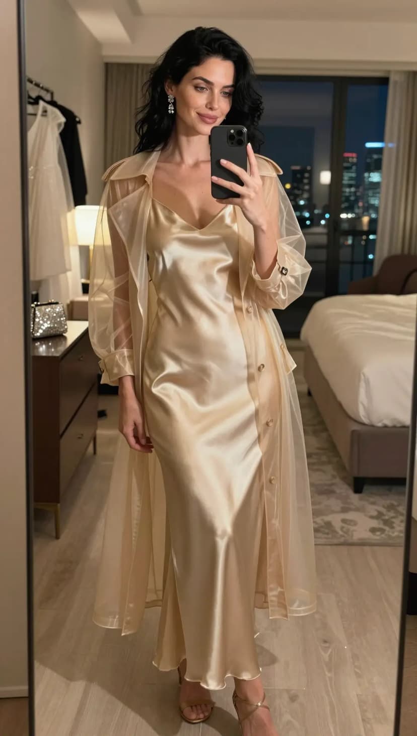 Champagne Satin Slip Dress + Sheer Organza Duster Coat + Gold Strappy Heels