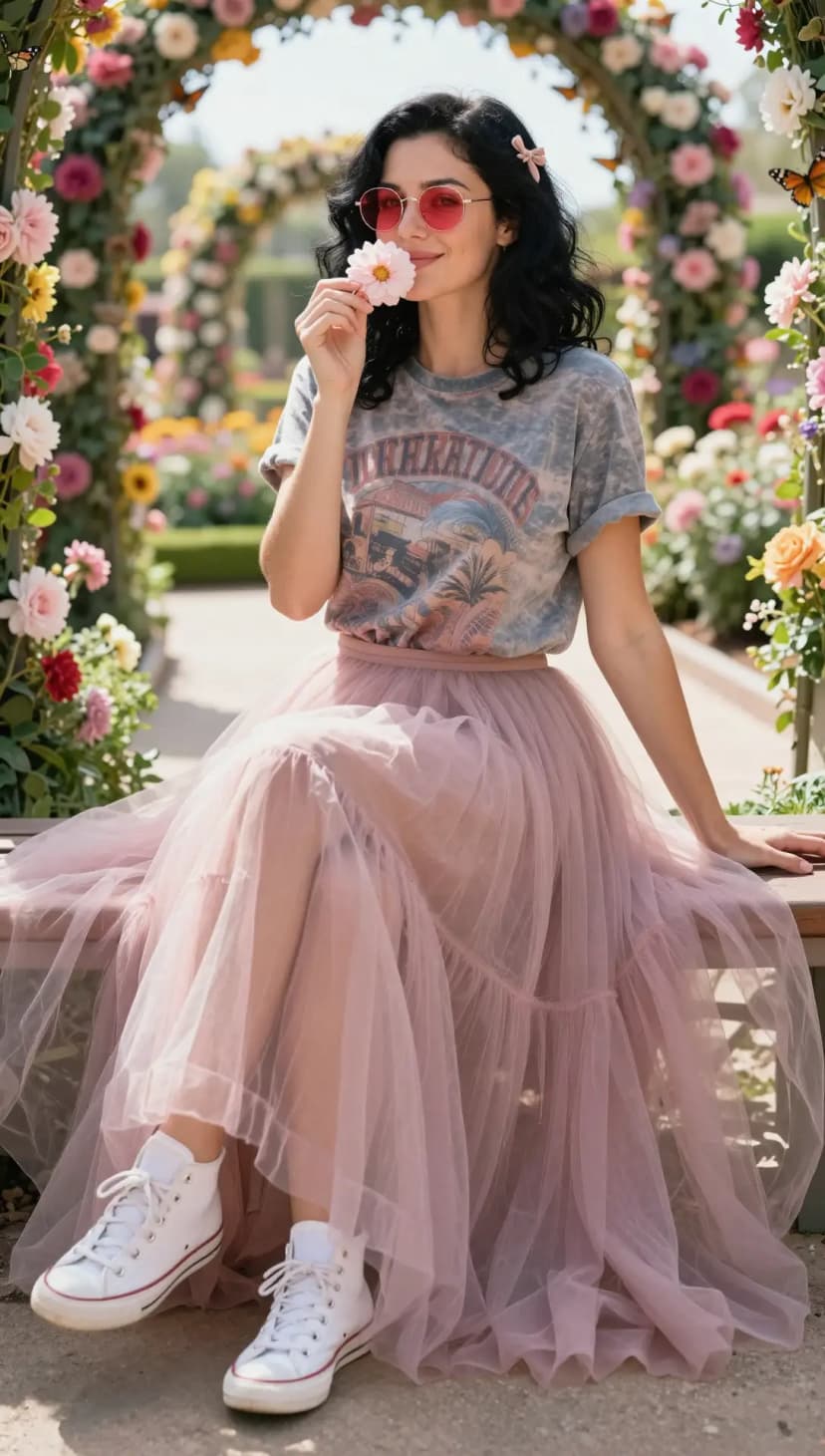 Grey Graphic Band T-Shirt + Rose Tulle Midi Skirt + White Canvas High-Top Sneakers
