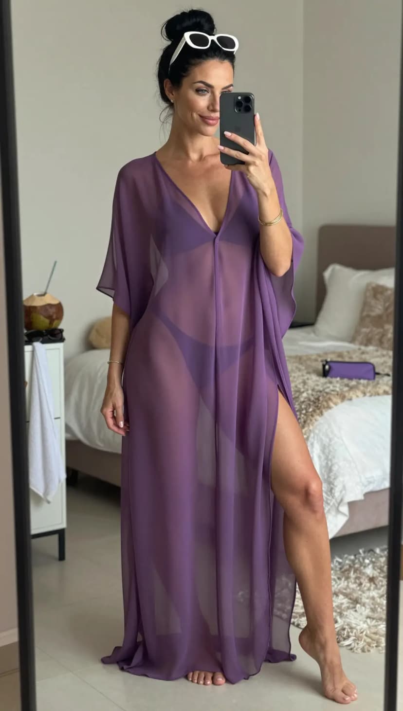 Purple Chiffon Maxi Kaftan + Purple Bikini