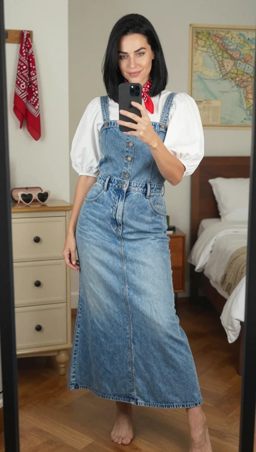 White Puff Sleeve Top + Blue Denim Maxi Dress