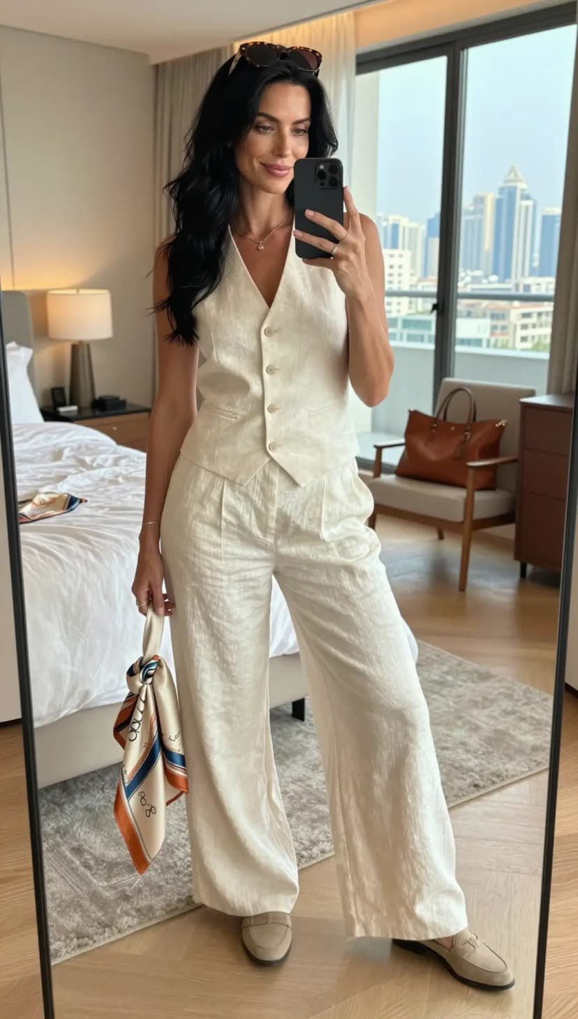 Cream Linen Vest + Cream Linen Wide-Leg Trousers + Taupe Suede Loafers