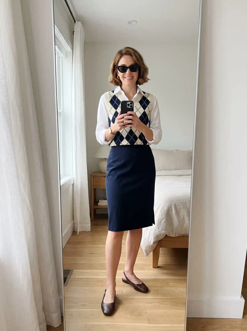 Argyle Sweater Vest + White Shirt + Navy Pencil Skirt