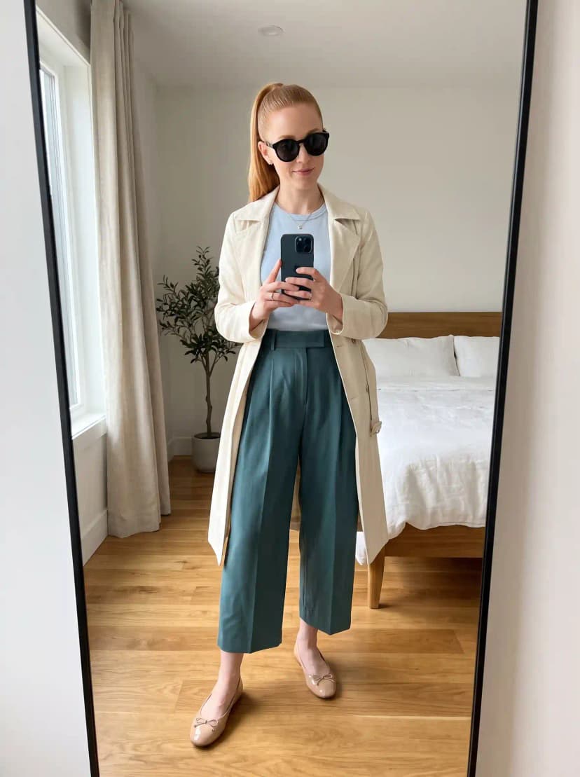 Cream Trench Coat + Light Blue Tee + Teal Culottes