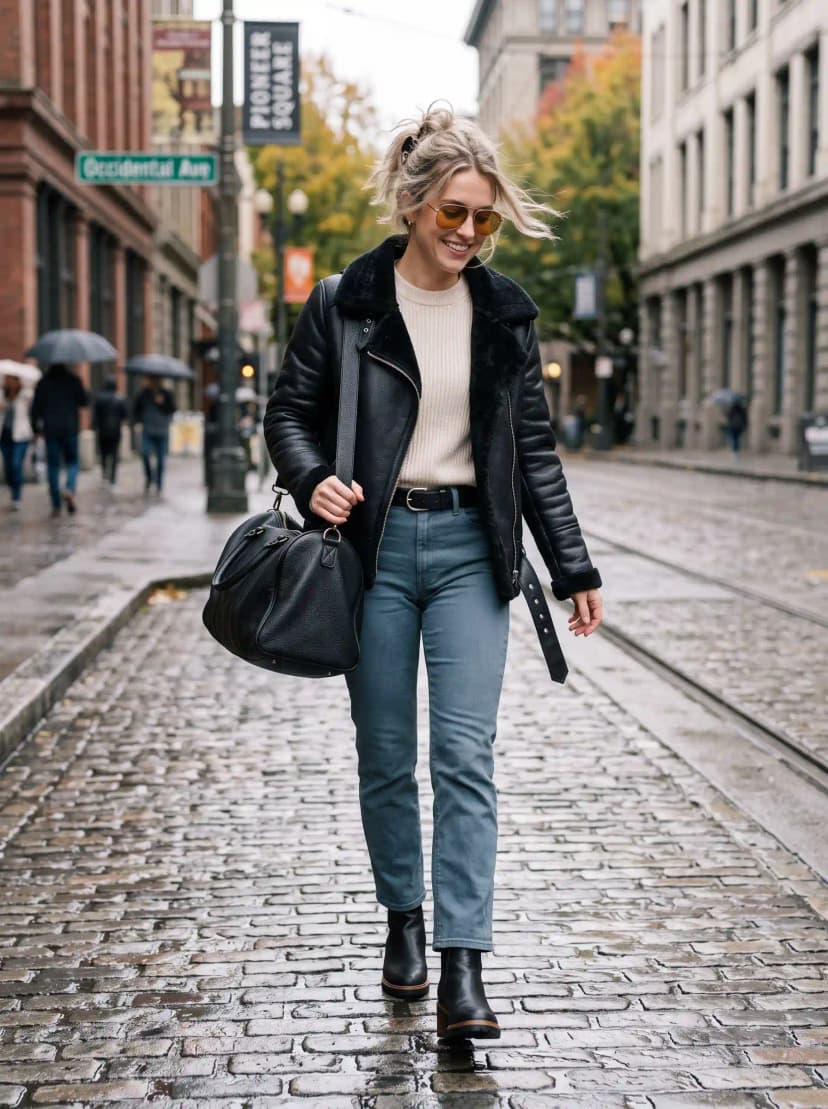 Black Aviator Jacket + Cream Sweater + Blue Jeans