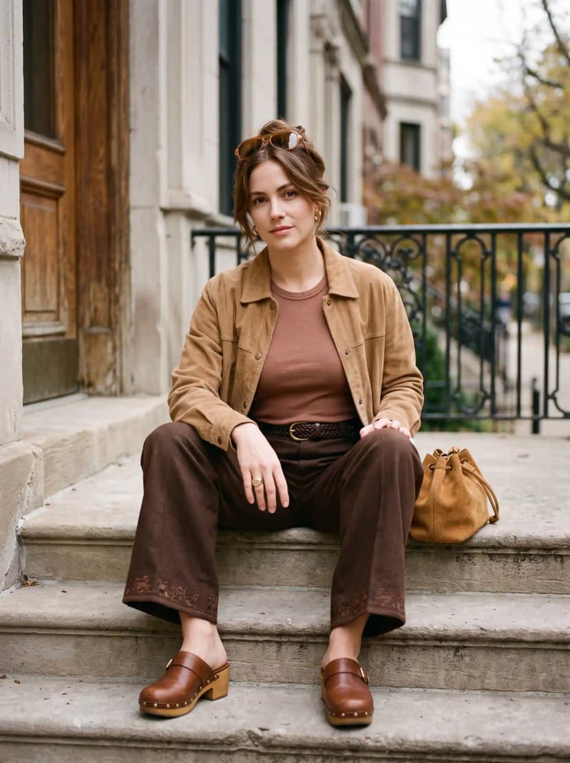 Brown Suede Jacket + Brown Top + Brown Wide-Leg Pants