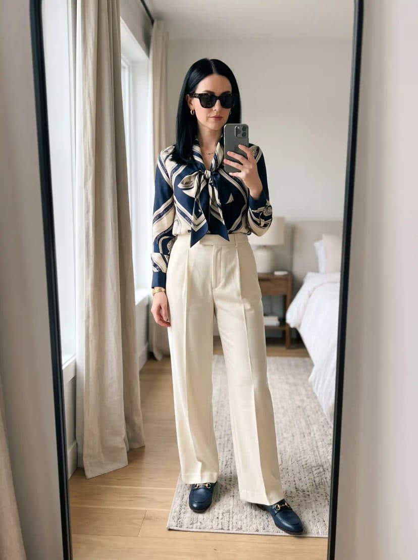 Scarf-Print Blouse + Cream Wide-Leg Trousers
