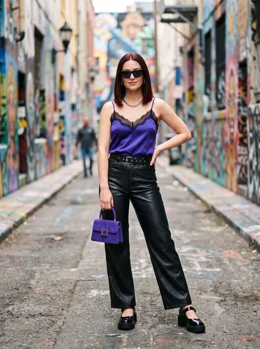 Purple Camisole + Black Faux Leather Pants